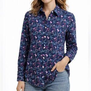 Talbots | S |  Festive Cardinals Bird Blue Pink Blouse Shirt Top Button Artsy